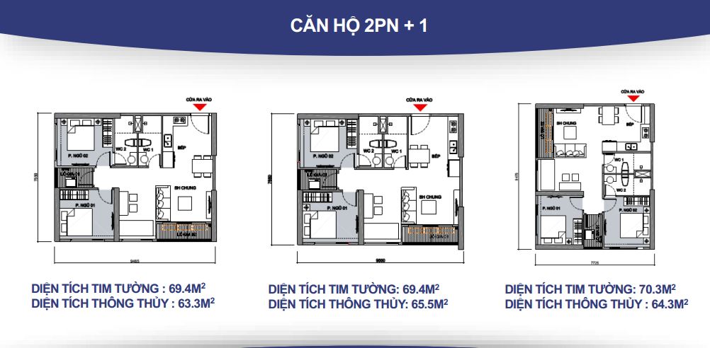 Mặt bằng căn hộ 2 phòng ngủ + 1 - 2 WC